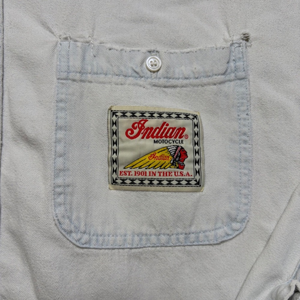 Indian Motocycle Denim Shirt Mens XL White Vintage 80s Distressed Biker Cotton - Picture 2 of 16